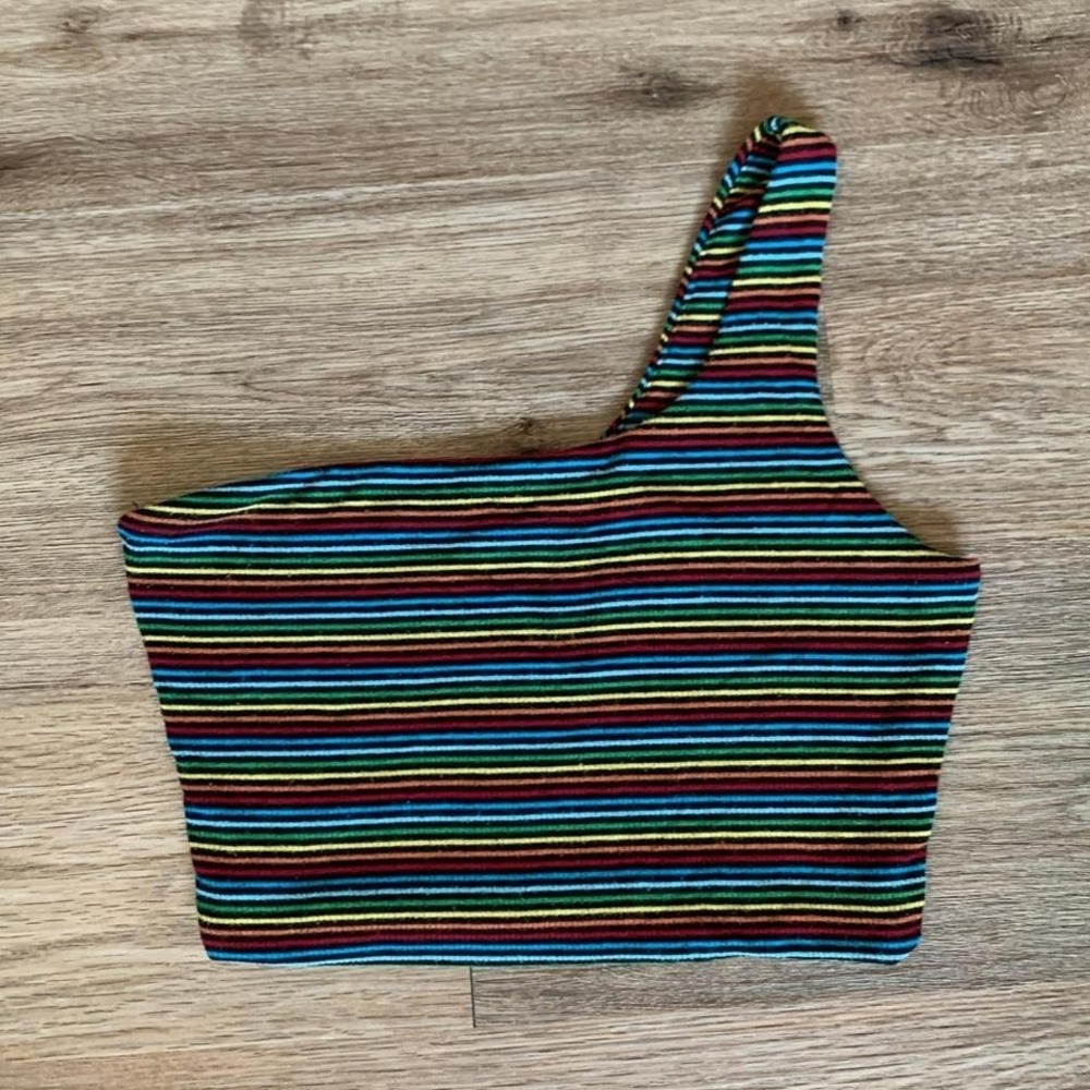 Paper Moon Striped One-Shoulder Cropped Tank Top in Rainbow - Size Small Womens